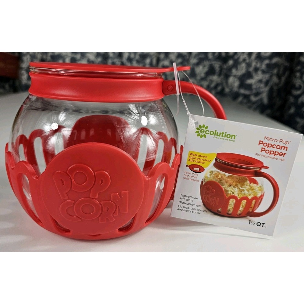 NWT Ecolution Micro-Pop Popcorn Popper 1.5 Qt Glass Dishwasher-Safe Red Microwav - Picture 2 of 8